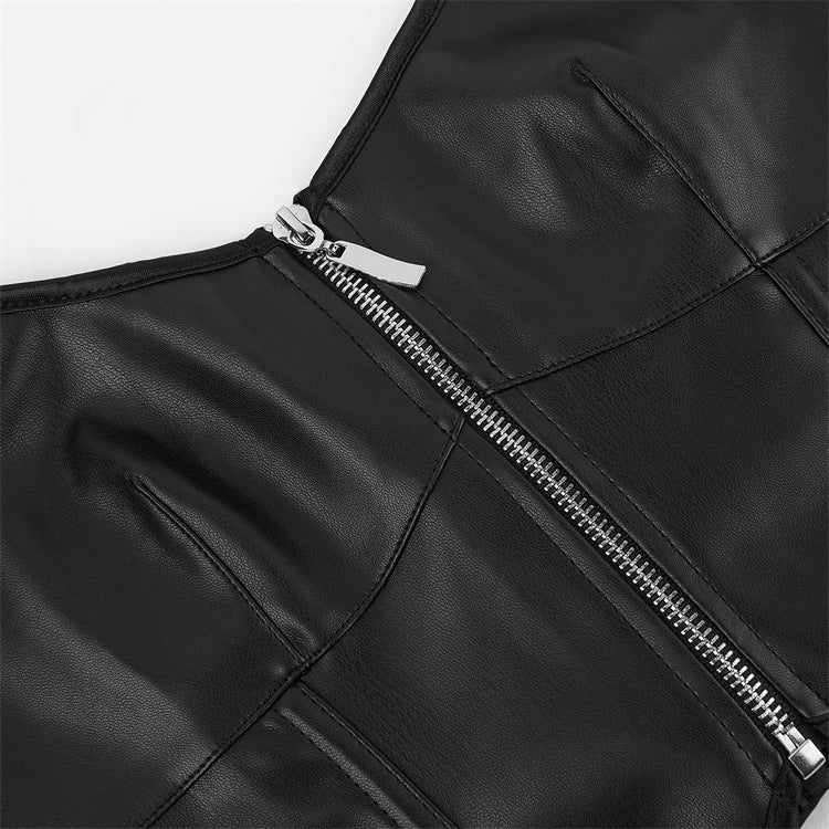 European and American Motorcycle Uniform New PU Leather Halter Zip - Up Women's Corset Top Sleeveless - Coscosmos