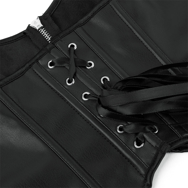 European and American Motorcycle Uniform New PU Leather Halter Zip - Up Women's Corset Top Sleeveless - Coscosmos