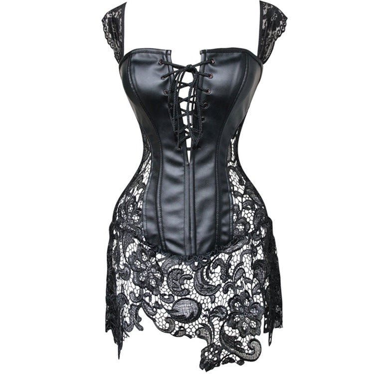 European Medieval Gothic Lace Leather Corset Bodysuit - Authentic Cosplay Costume - Coscosmos