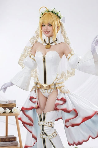 Fate/Grand Order Nero Claudius Bride Stage 2 Saber Heavy Industry Dress Cosplay Costume - Coscosmos