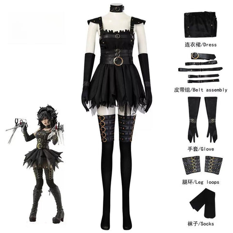 Female Miss Scissorhands Cosplay Outfit with Black Mini Skirt & Stockings from Edward Scissorhands Movie - Coscosmos