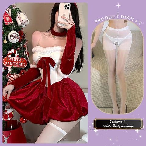 Festive Christmas Red Velvet Bustier Gown Set for Party Roleplay - Coscosmos