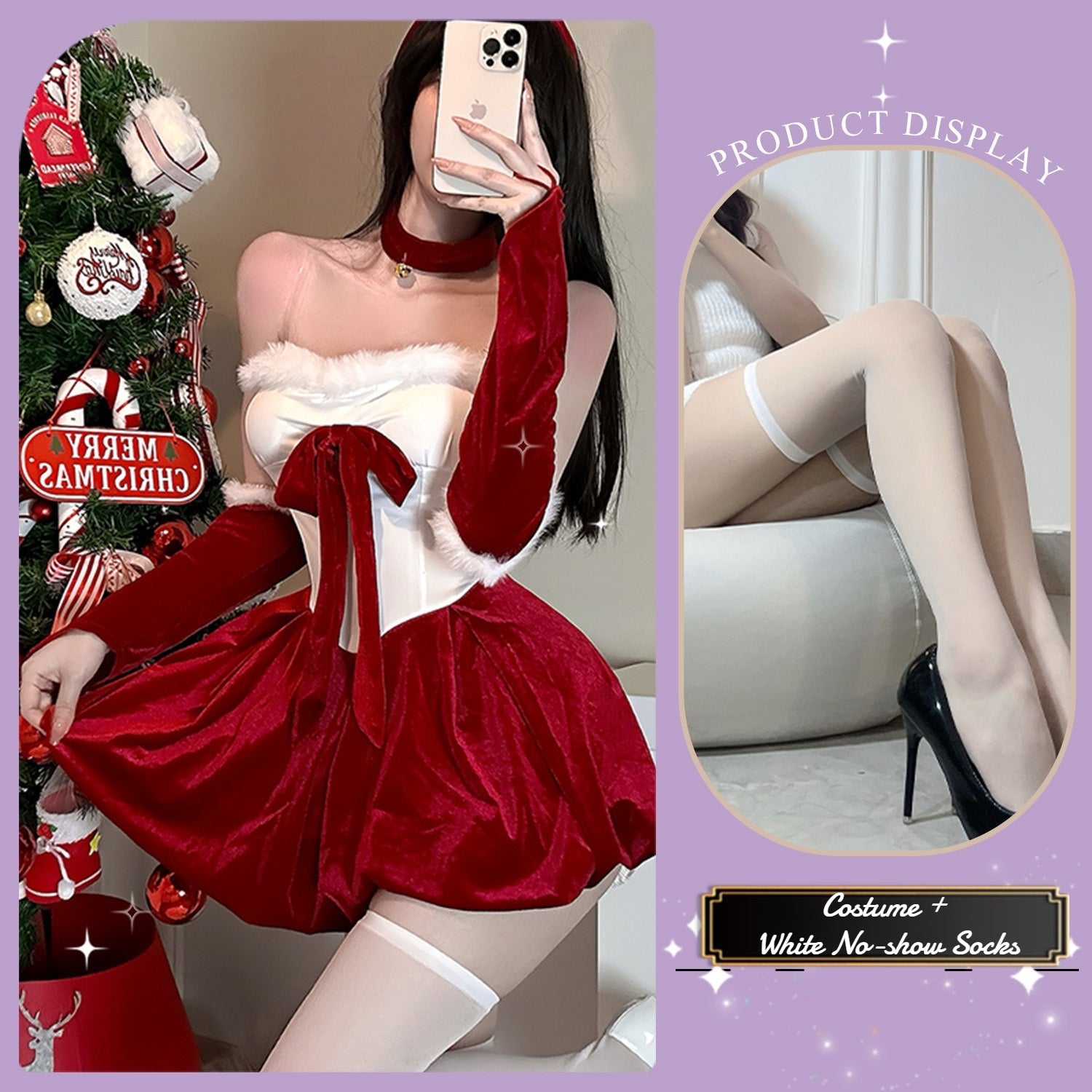 Festive Christmas Red Velvet Bustier Gown Set for Party Roleplay - Coscosmos