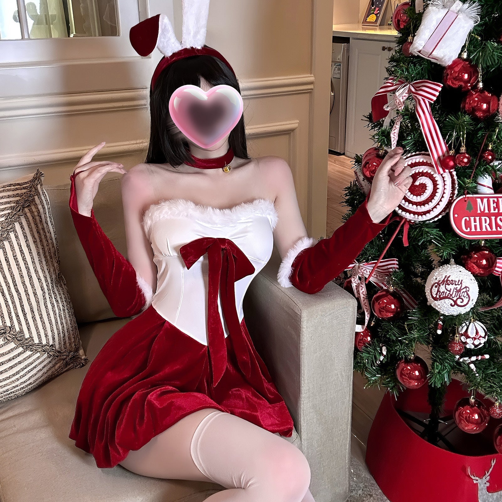 Festive Christmas Red Velvet Bustier Gown Set for Party Roleplay - Coscosmos