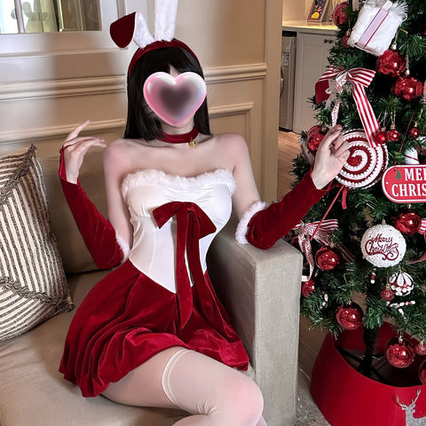 Festive Christmas Red Velvet Bustier Gown Set for Party Roleplay - Coscosmos