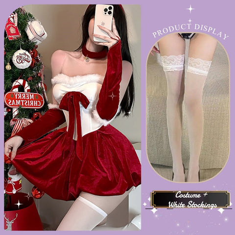 Festive Christmas Red Velvet Bustier Gown Set for Party Roleplay - Coscosmos
