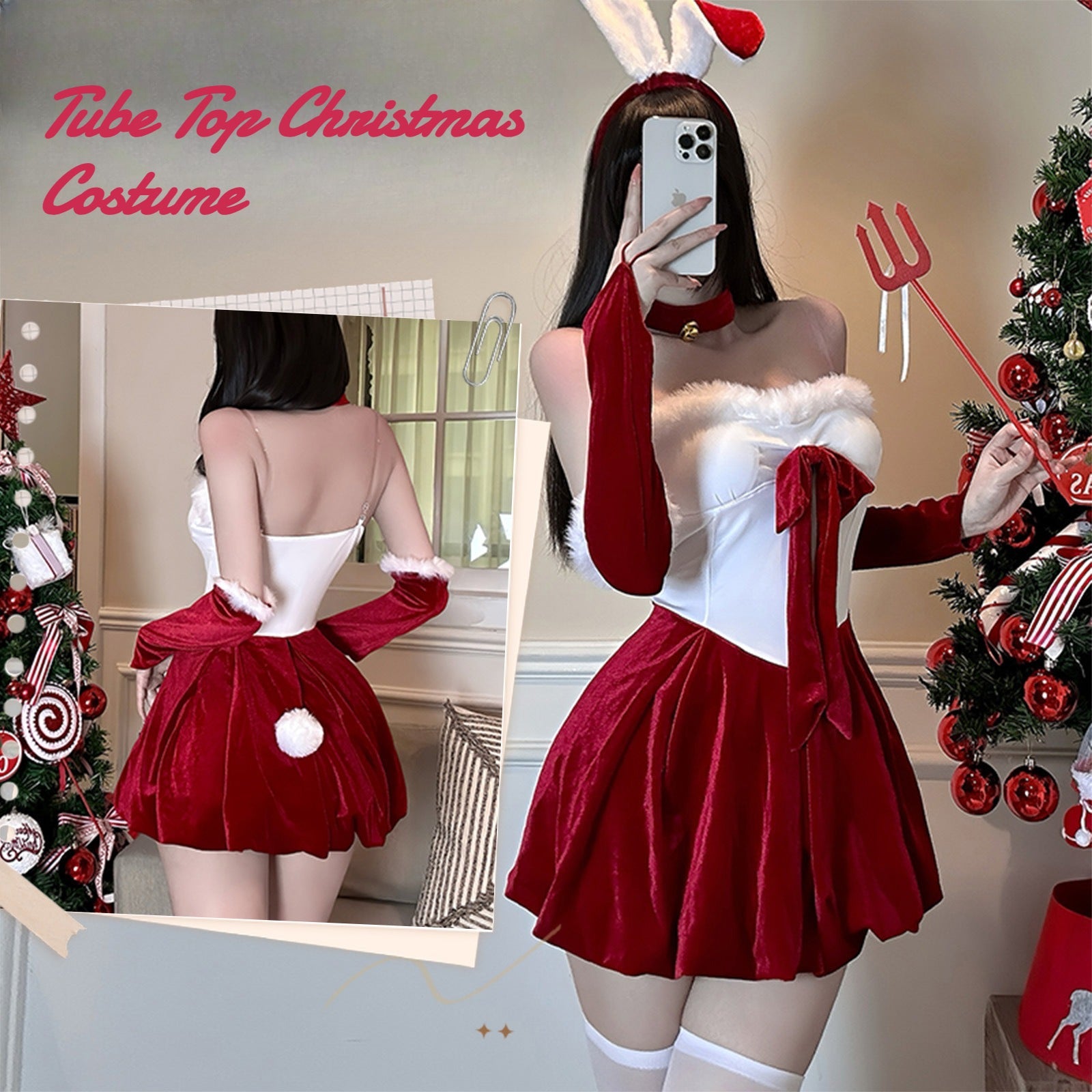 Festive Christmas Red Velvet Bustier Gown Set for Party Roleplay - Coscosmos