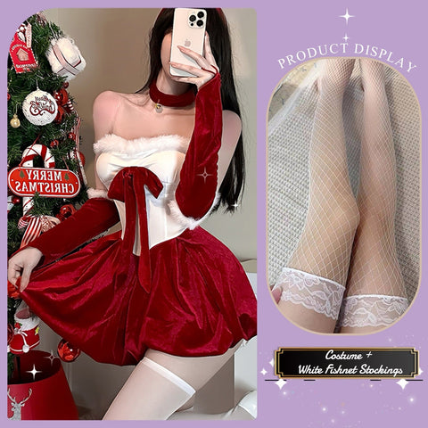 Festive Christmas Red Velvet Bustier Gown Set for Party Roleplay - Coscosmos