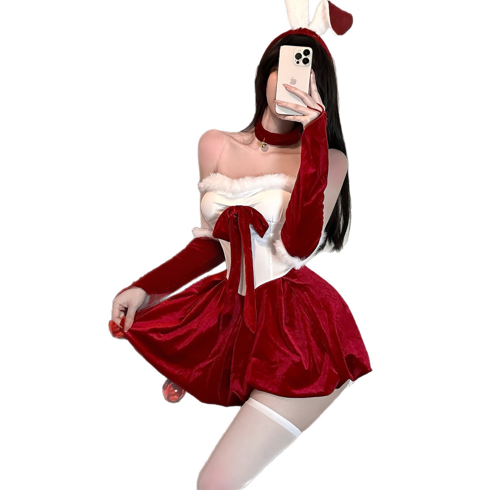 Festive Christmas Red Velvet Bustier Gown Set for Party Roleplay - Coscosmos