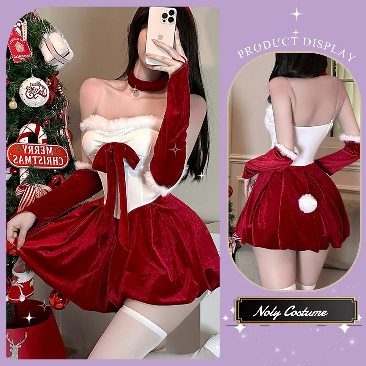 Festive Christmas Red Velvet Bustier Gown Set for Party Roleplay - Coscosmos