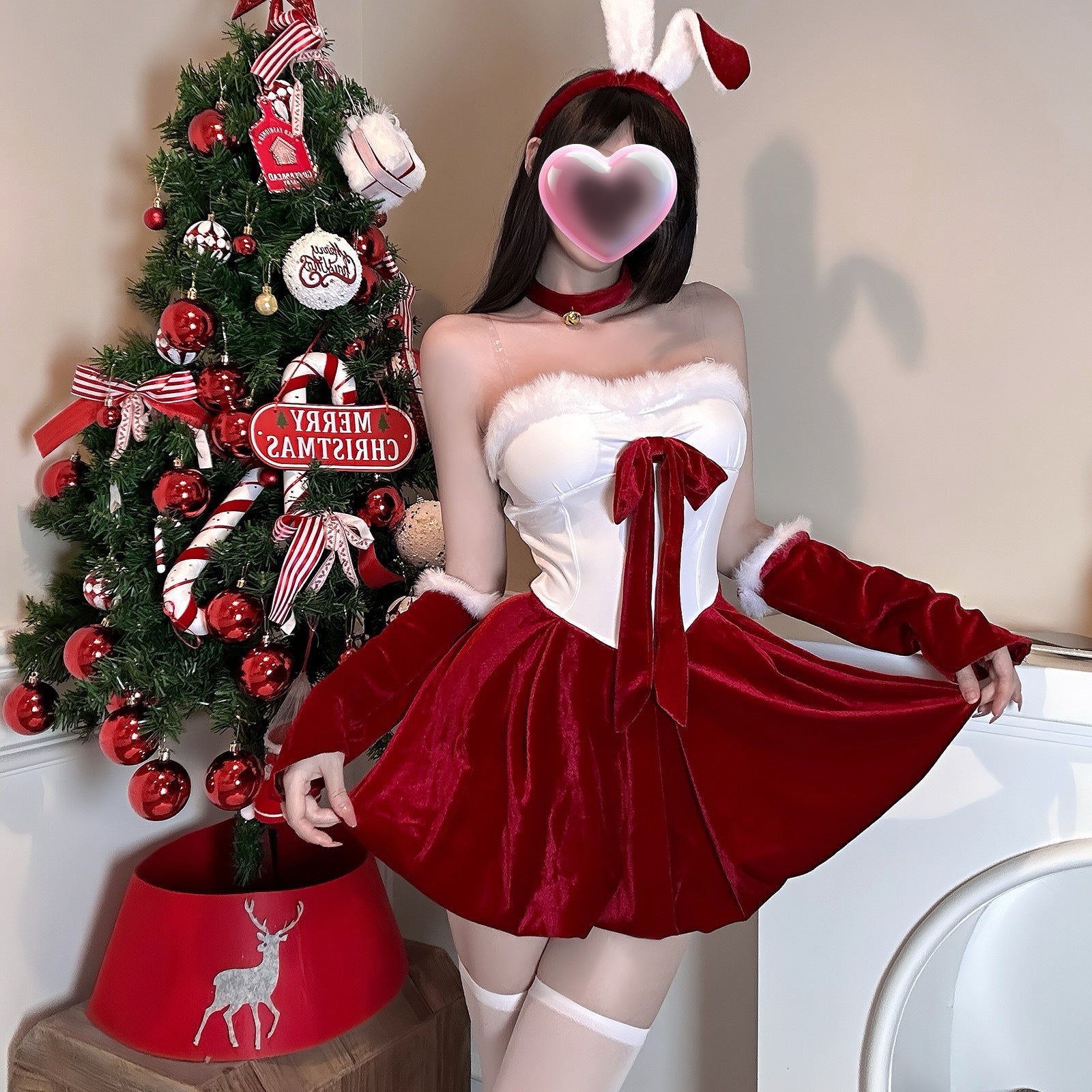 Festive Christmas Red Velvet Bustier Gown Set for Party Roleplay - Coscosmos