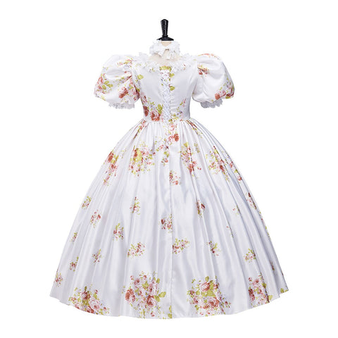 Flowers Prom Dress Puff Sleeve Ivory Evening Party Gowns Floor Length Dress Cosplay Costume - Coscosmos