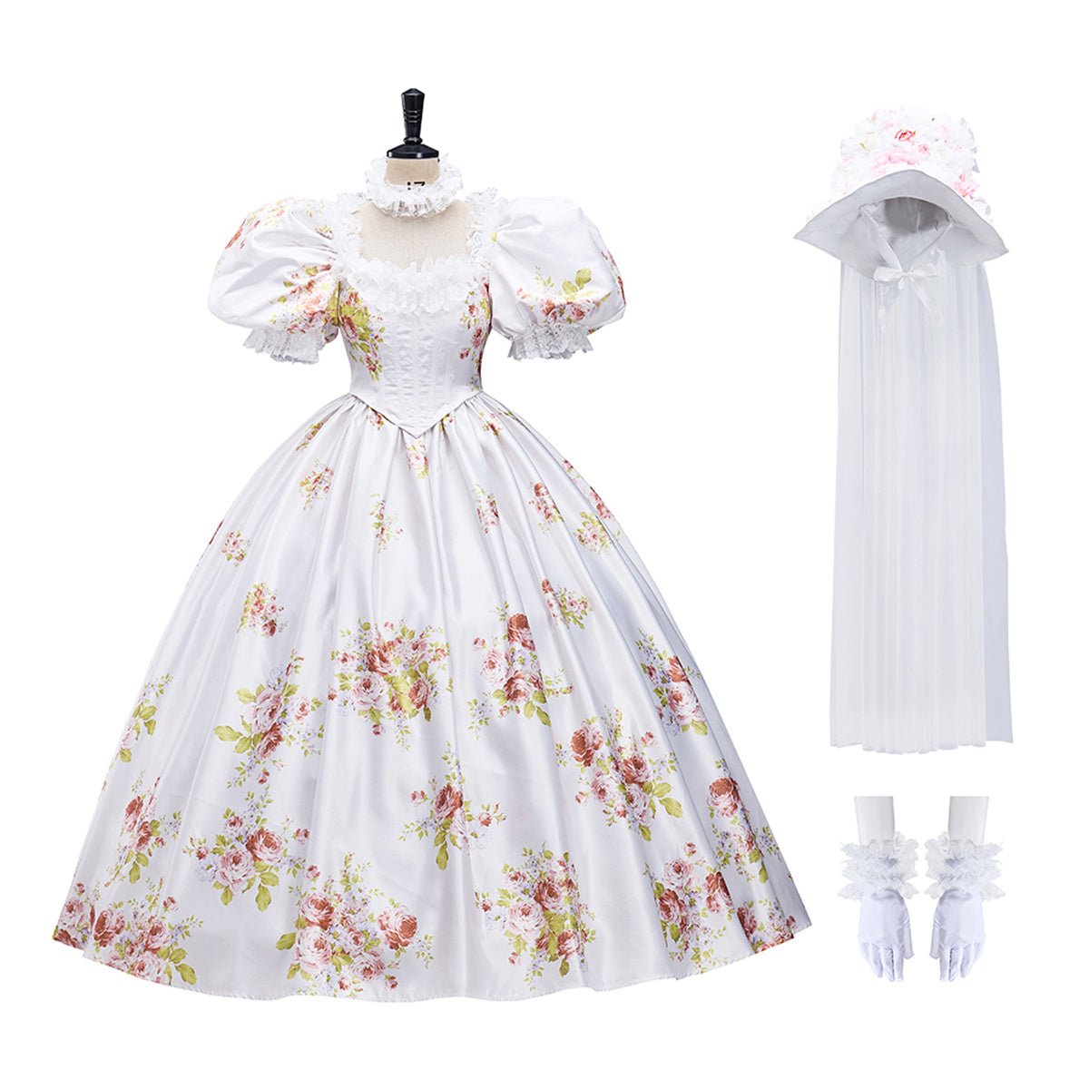 Flowers Prom Dress Puff Sleeve Ivory Evening Party Gowns Floor Length Dress Cosplay Costume - Coscosmos