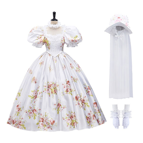 Flowers Prom Dress Puff Sleeve Ivory Evening Party Gowns Floor Length Dress Cosplay Costume - Coscosmos