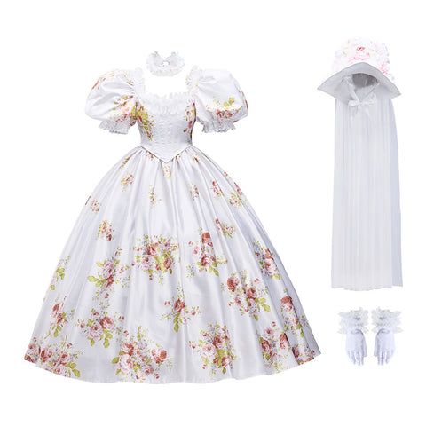 Flowers Prom Dress Puff Sleeve Ivory Evening Party Gowns Floor Length Dress Cosplay Costume - Coscosmos