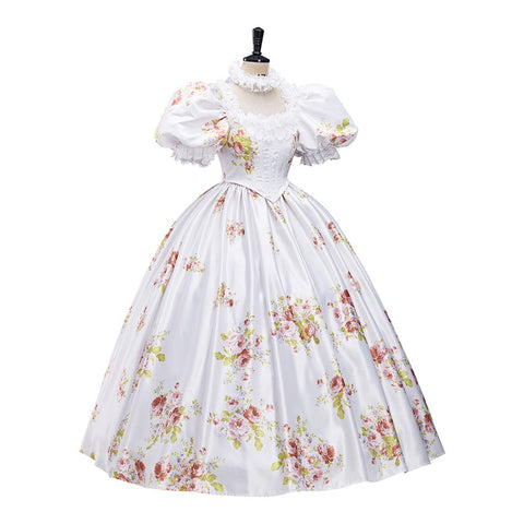 Flowers Prom Dress Puff Sleeve Ivory Evening Party Gowns Floor Length Dress Cosplay Costume - Coscosmos