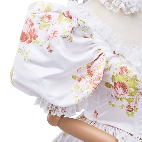Flowers Prom Dress Puff Sleeve Ivory Evening Party Gowns Floor Length Dress Cosplay Costume - Coscosmos
