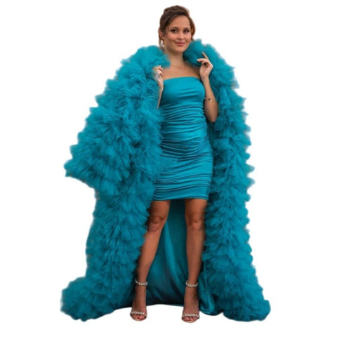 Fluffy Ruffle Chiffon Women's Long Coat Teal Jacket Extra Rich Layering Maternity Bodycon European American Style - Coscosmos