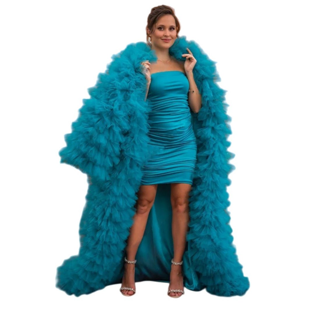 Fluffy Ruffle Chiffon Women's Long Coat Teal Jacket Extra Rich Layering Maternity Bodycon European American Style - Coscosmos