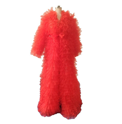 Fluffy Ruffle Chiffon Women's Long Coat Teal Jacket Extra Rich Layering Maternity Bodycon European American Style - Coscosmos