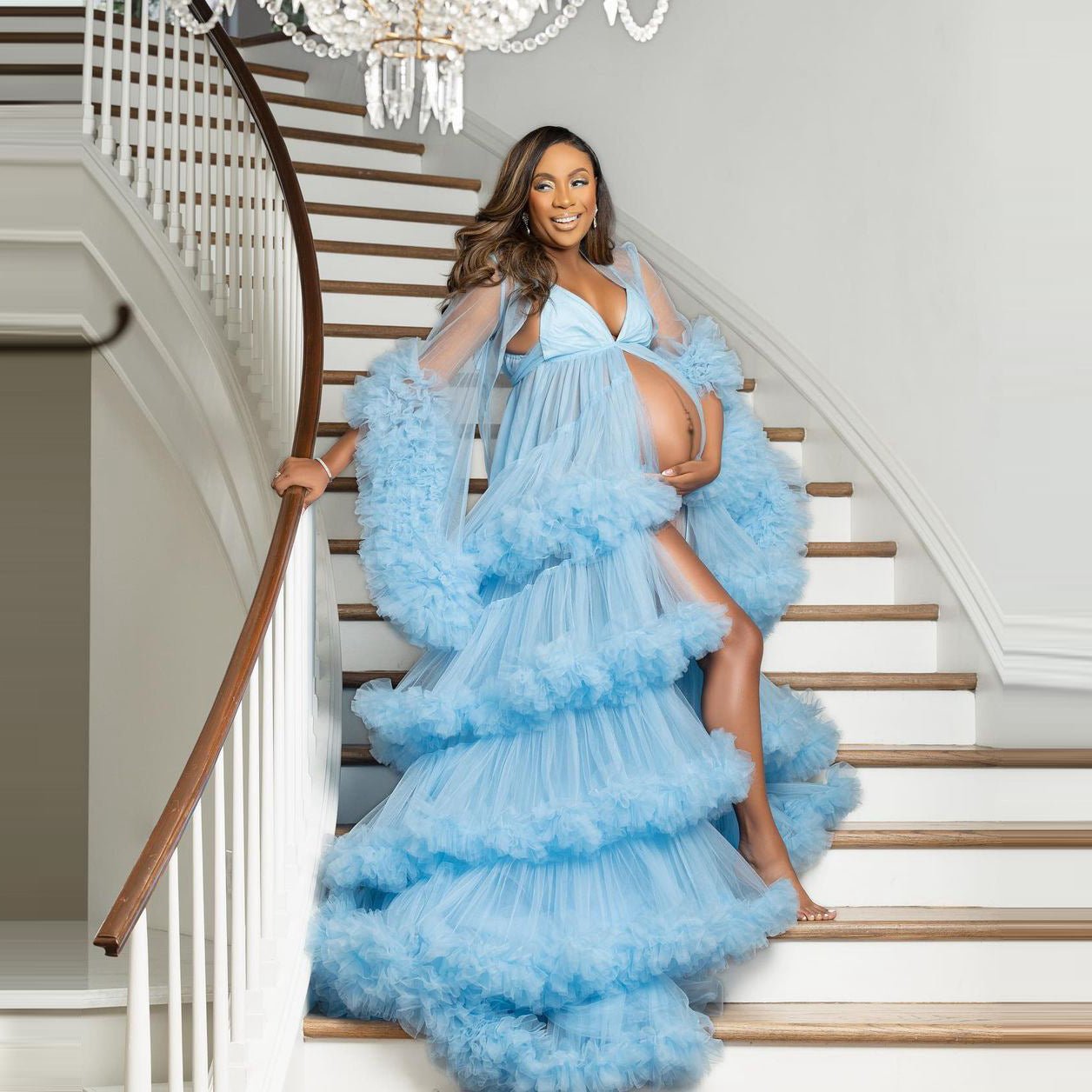 Fluffy Sky Blue Chiffon Maternity Photo Shoot Dress with High Slit V - Neck Long Sleeve Wedding Cake Layer Gown Cosplay Costume - Coscosmos