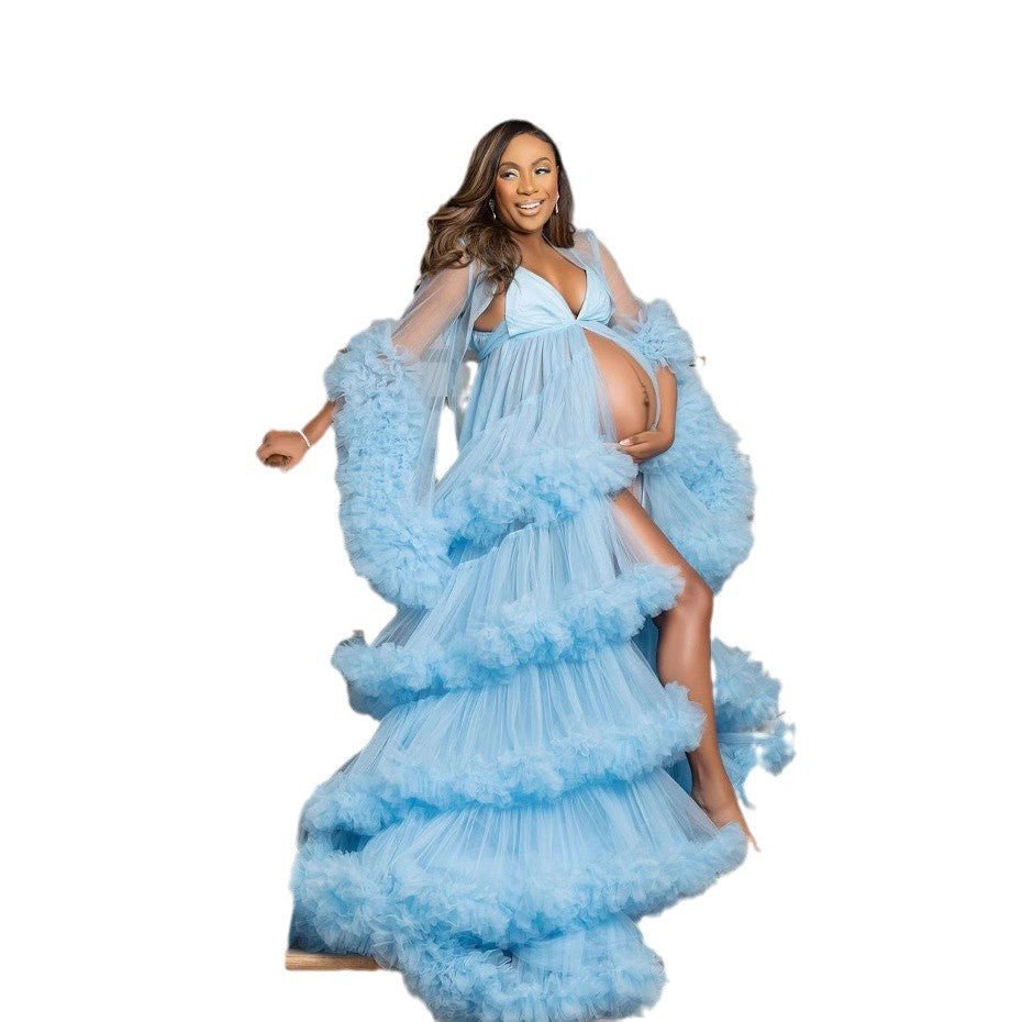 Fluffy Sky Blue Chiffon Maternity Photo Shoot Dress with High Slit V - Neck Long Sleeve Wedding Cake Layer Gown Cosplay Costume - Coscosmos