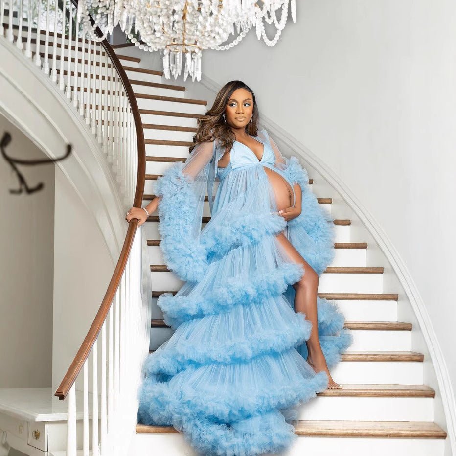 Fluffy Sky Blue Chiffon Maternity Photo Shoot Dress with High Slit V - Neck Long Sleeve Wedding Cake Layer Gown Cosplay Costume - Coscosmos