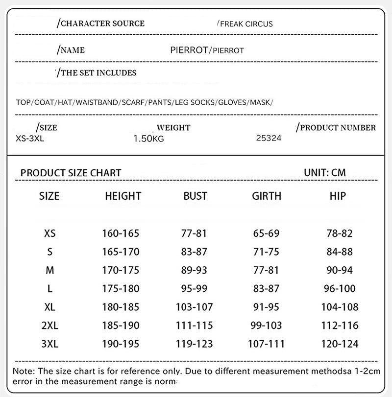 Freak Circus Cosplay Costume - Complete Pierrot Clown Halloween Outfit for Little P Game Cosplay - Coscosmos