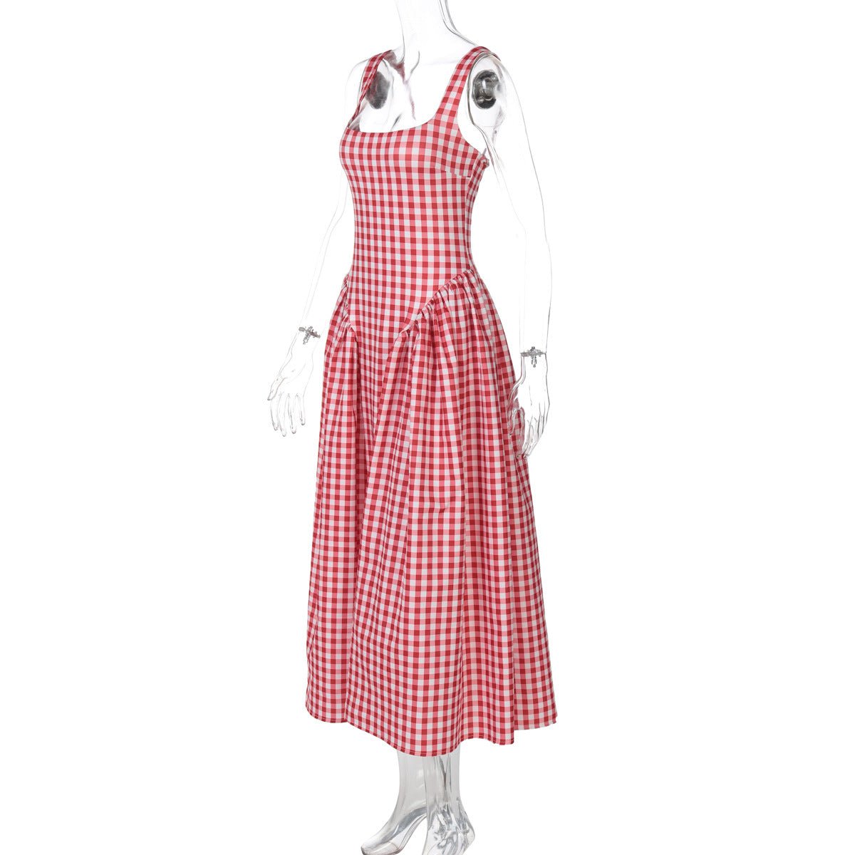 French Fresh Plaid Print Waist - cinched Princess Backless Spaghetti Strap Dress - Coscosmos