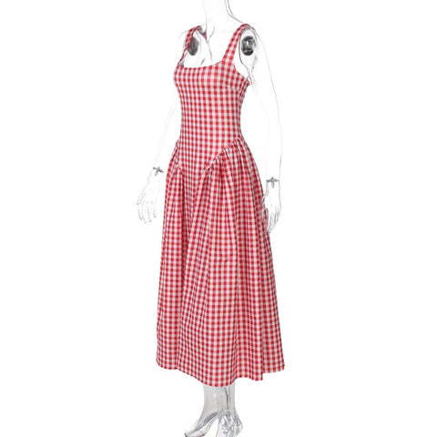 French Fresh Plaid Print Waist - cinched Princess Backless Spaghetti Strap Dress - Coscosmos