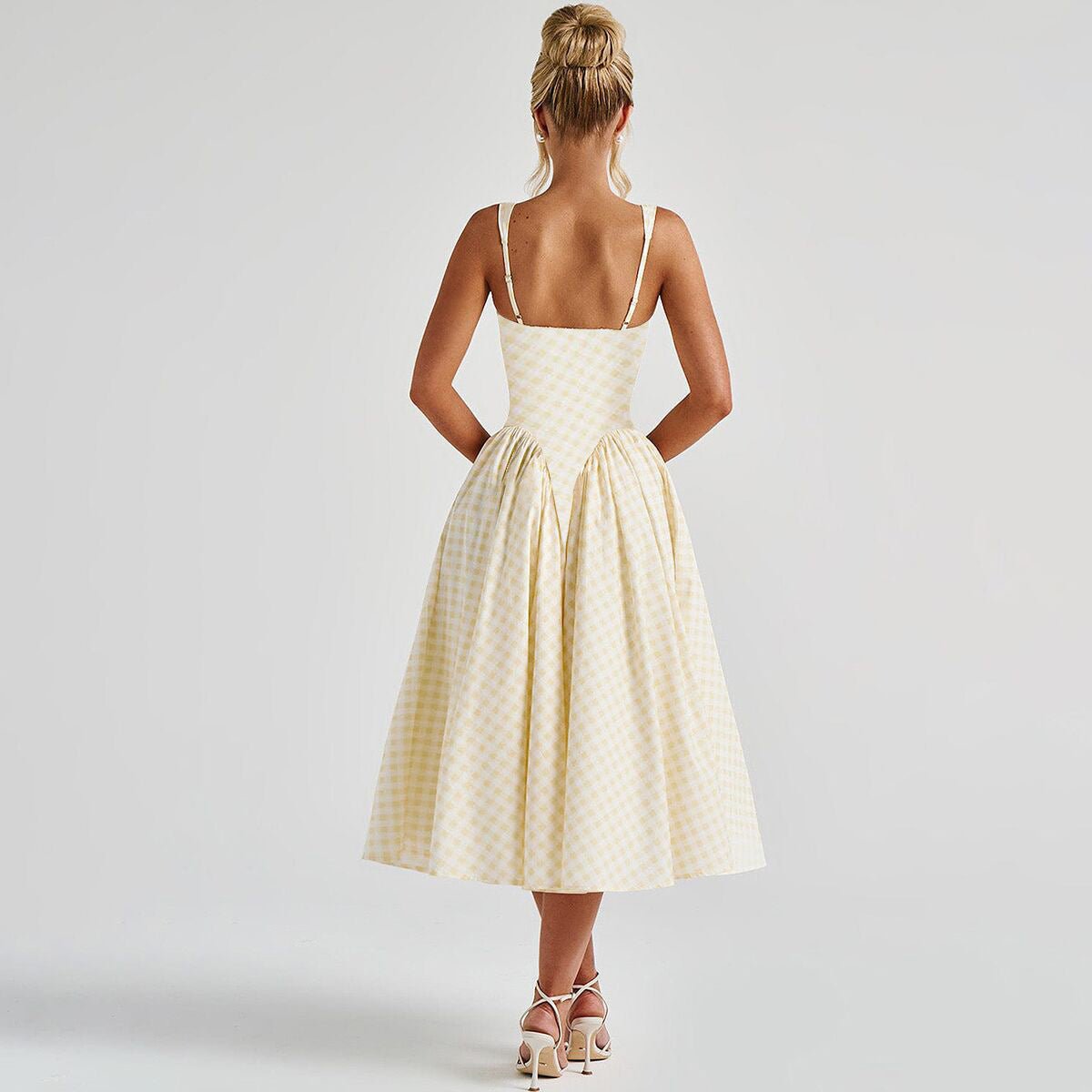 French Fresh Plaid Print Waist - cinched Princess Backless Spaghetti Strap Dress - Coscosmos