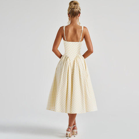 French Fresh Plaid Print Waist - cinched Princess Backless Spaghetti Strap Dress - Coscosmos