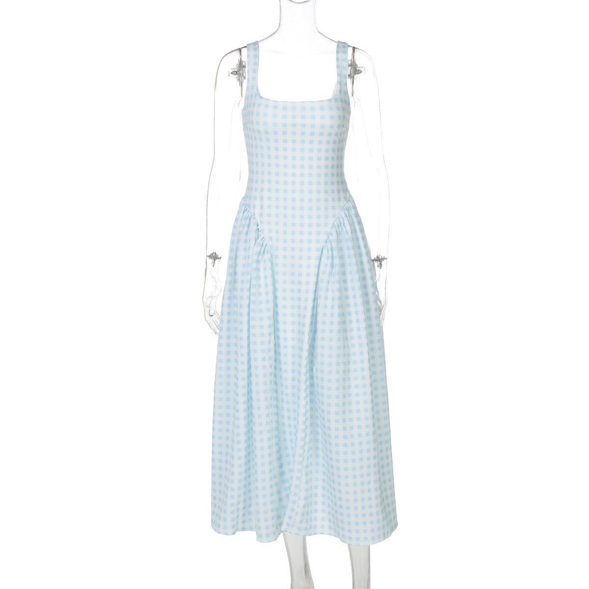 French Fresh Plaid Print Waist - cinched Princess Backless Spaghetti Strap Dress - Coscosmos