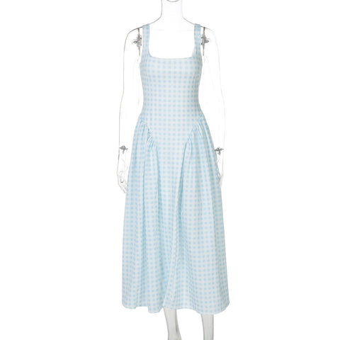 French Fresh Plaid Print Waist - cinched Princess Backless Spaghetti Strap Dress - Coscosmos