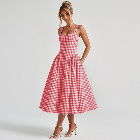 French Fresh Plaid Print Waist - cinched Princess Backless Spaghetti Strap Dress - Coscosmos