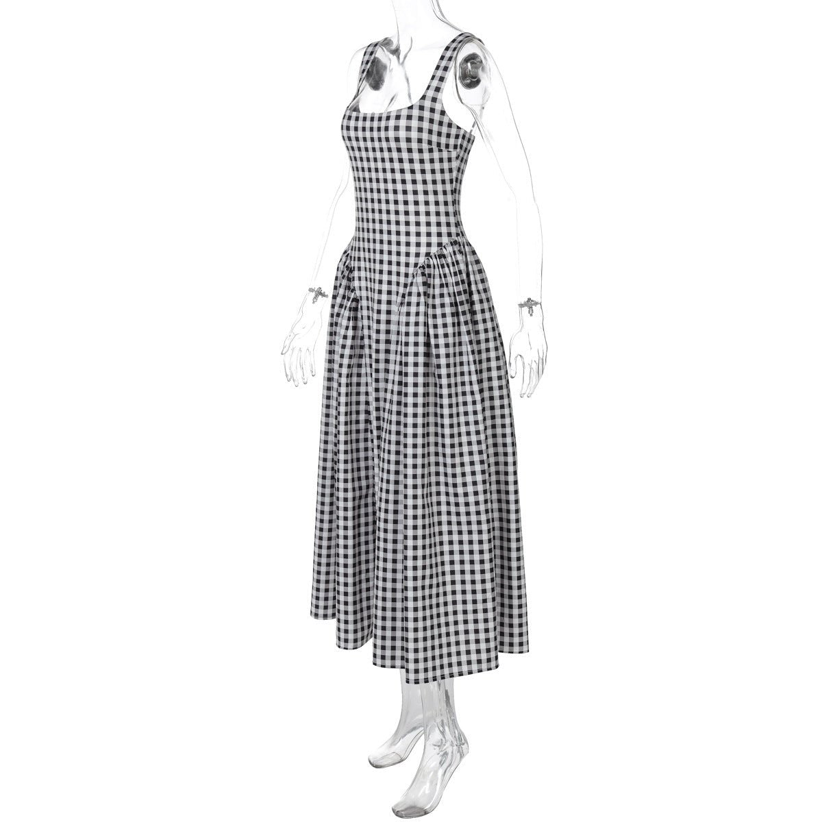 French Fresh Plaid Print Waist - cinched Princess Backless Spaghetti Strap Dress - Coscosmos
