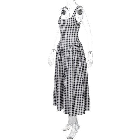 French Fresh Plaid Print Waist - cinched Princess Backless Spaghetti Strap Dress - Coscosmos