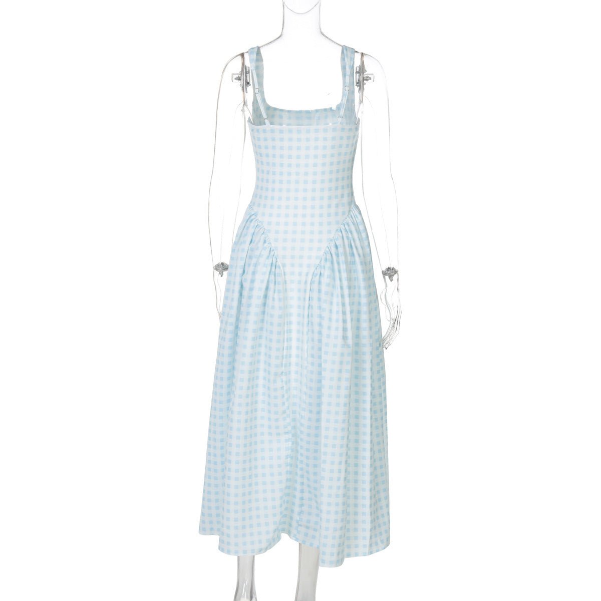 French Fresh Plaid Print Waist - cinched Princess Backless Spaghetti Strap Dress - Coscosmos