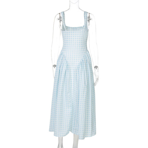 French Fresh Plaid Print Waist - cinched Princess Backless Spaghetti Strap Dress - Coscosmos