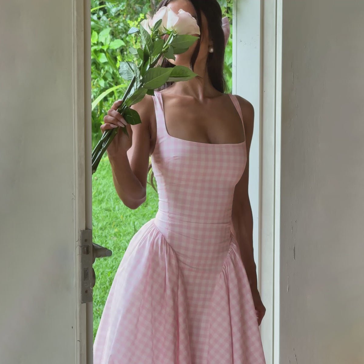 French Fresh Plaid Print Waist - cinched Princess Backless Spaghetti Strap Dress - Coscosmos