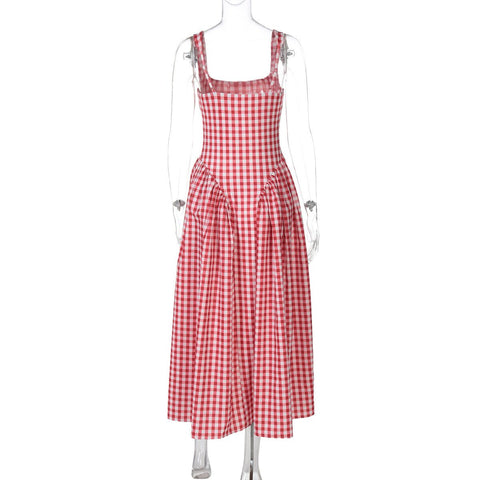 French Fresh Plaid Print Waist - cinched Princess Backless Spaghetti Strap Dress - Coscosmos