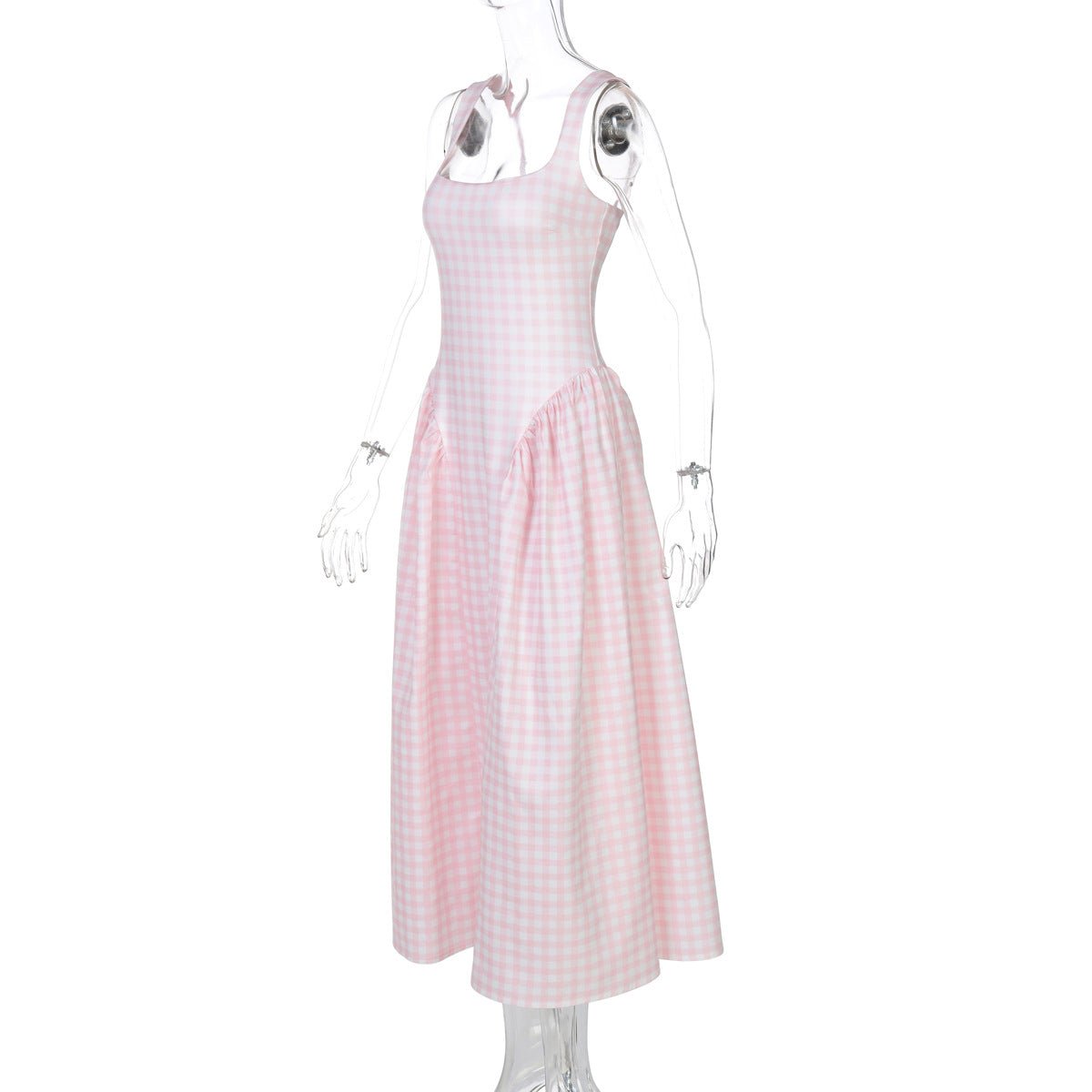 French Fresh Plaid Print Waist - cinched Princess Backless Spaghetti Strap Dress - Coscosmos
