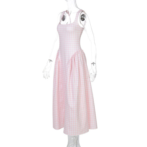 French Fresh Plaid Print Waist - cinched Princess Backless Spaghetti Strap Dress - Coscosmos