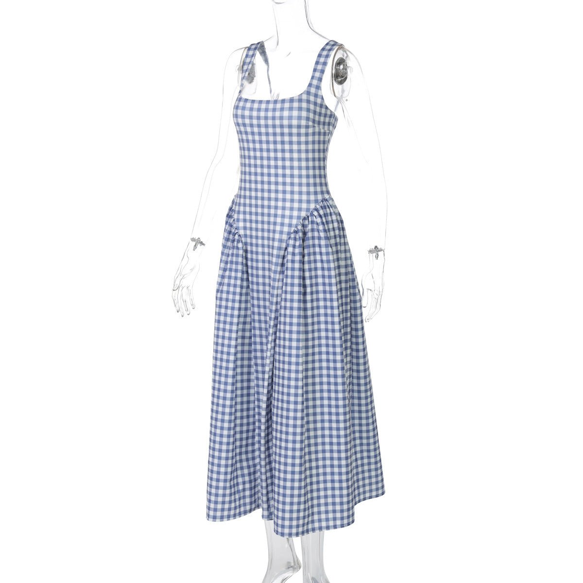 French Fresh Plaid Print Waist - cinched Princess Backless Spaghetti Strap Dress - Coscosmos