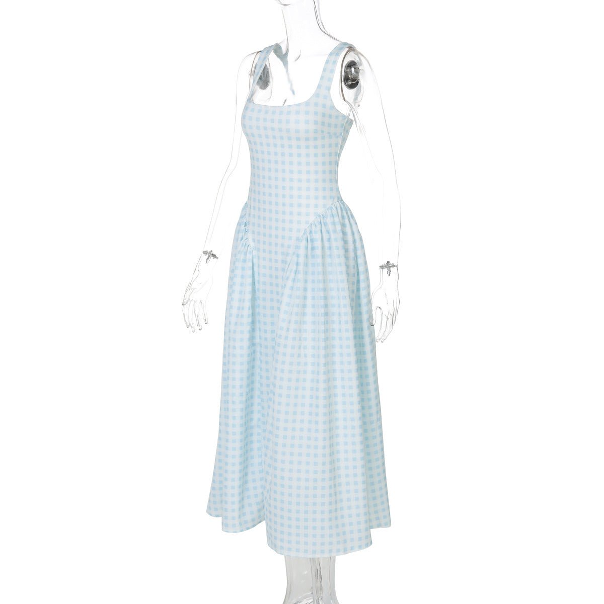 French Fresh Plaid Print Waist - cinched Princess Backless Spaghetti Strap Dress - Coscosmos