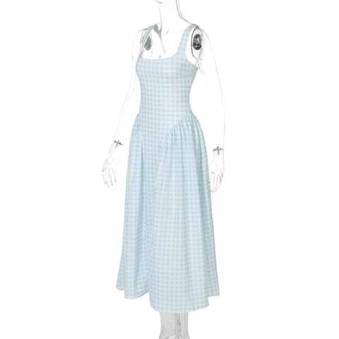 French Fresh Plaid Print Waist - cinched Princess Backless Spaghetti Strap Dress - Coscosmos