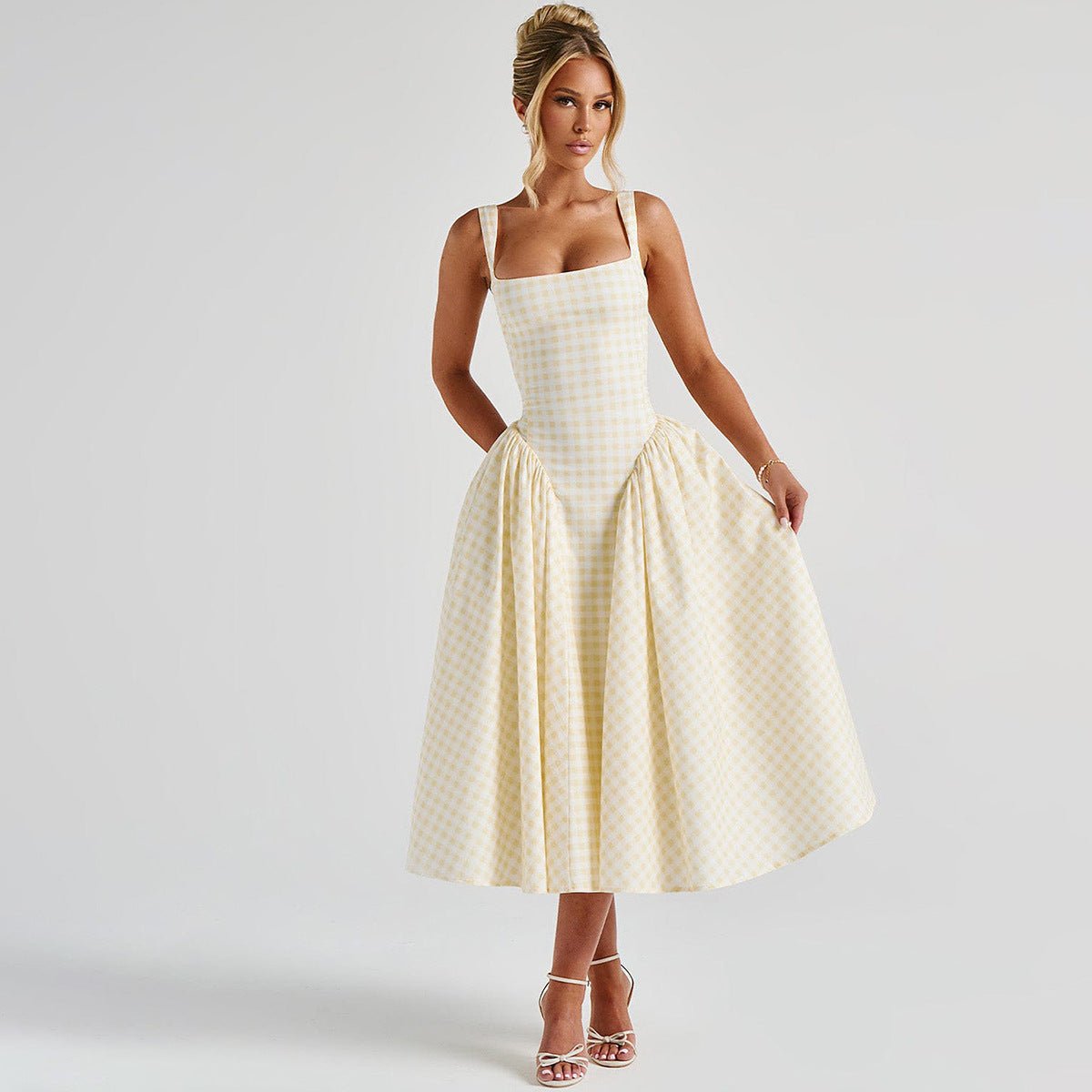 French Fresh Plaid Print Waist - cinched Princess Backless Spaghetti Strap Dress - Coscosmos