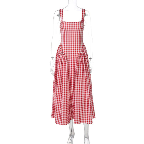 French Fresh Plaid Print Waist - cinched Princess Backless Spaghetti Strap Dress - Coscosmos