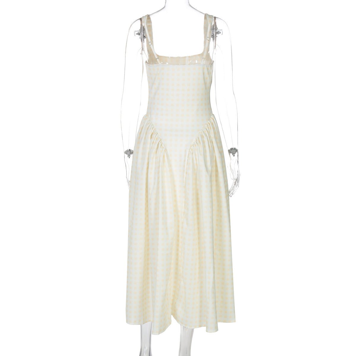 French Fresh Plaid Print Waist - cinched Princess Backless Spaghetti Strap Dress - Coscosmos