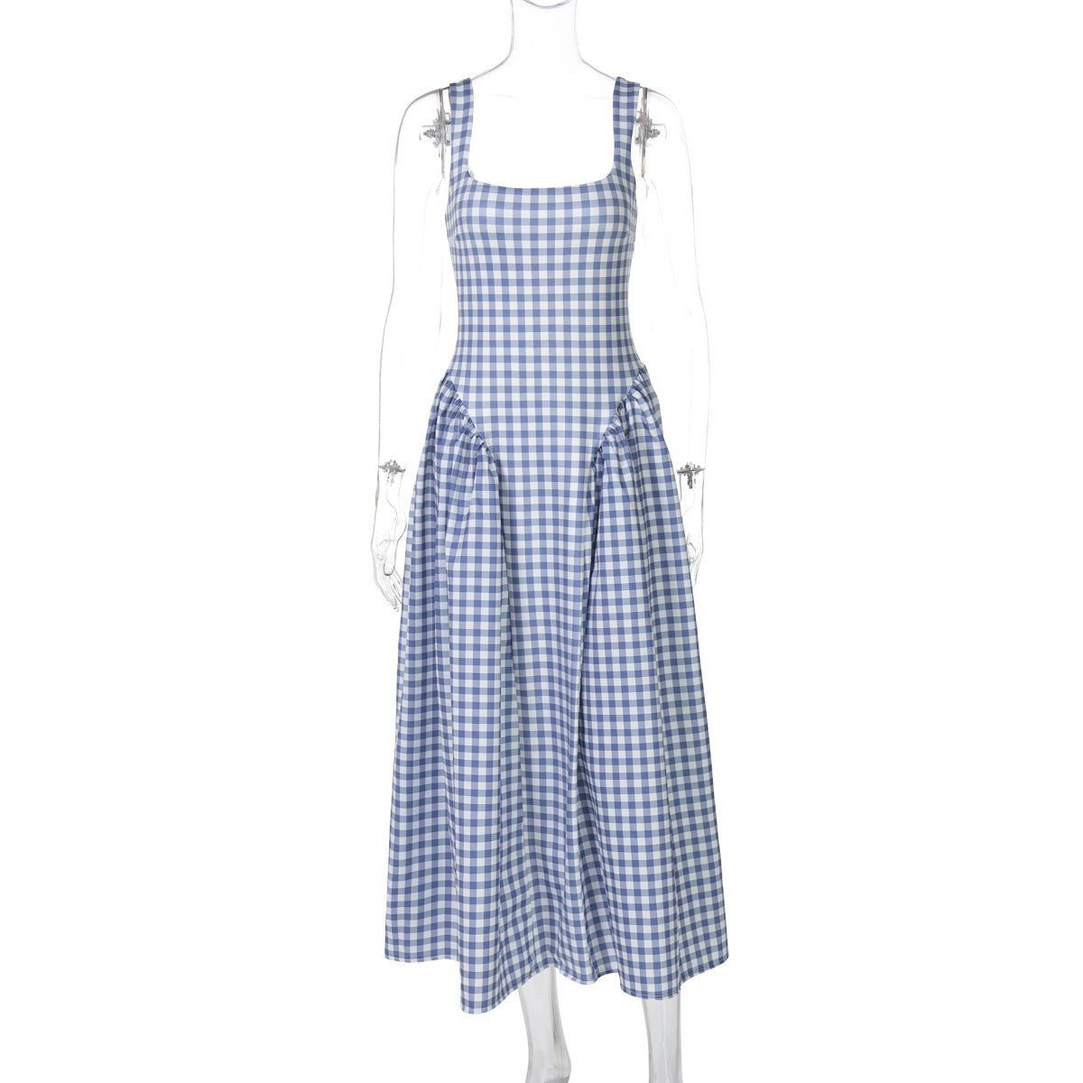 French Fresh Plaid Print Waist - cinched Princess Backless Spaghetti Strap Dress - Coscosmos